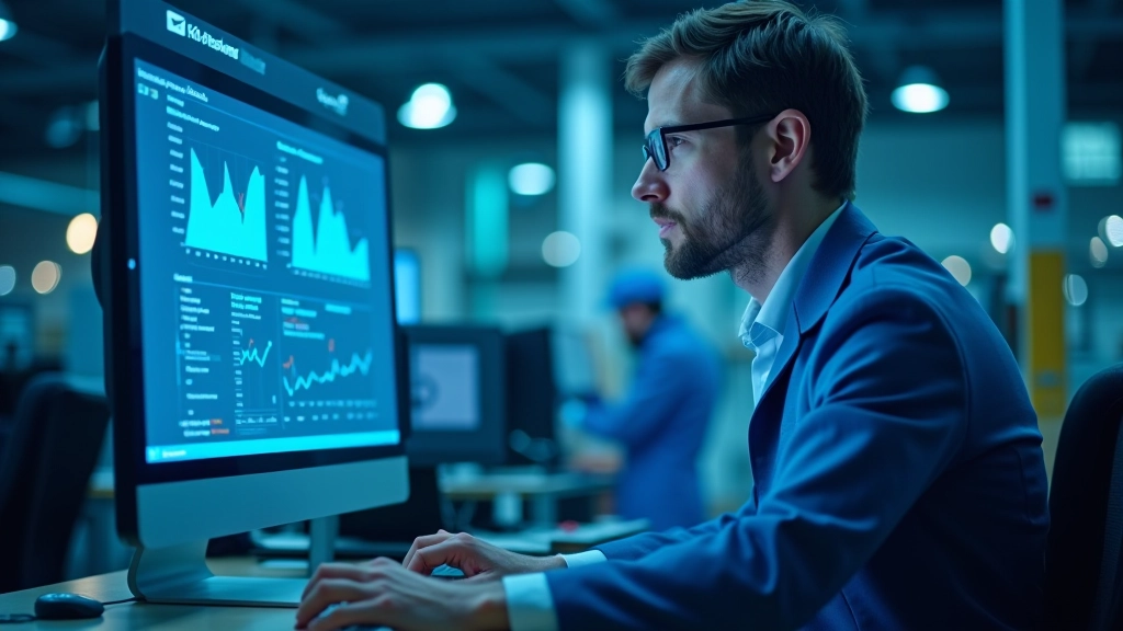 Inženýr u počítače kontroluje výrobní procesy, automatizace v průmyslu