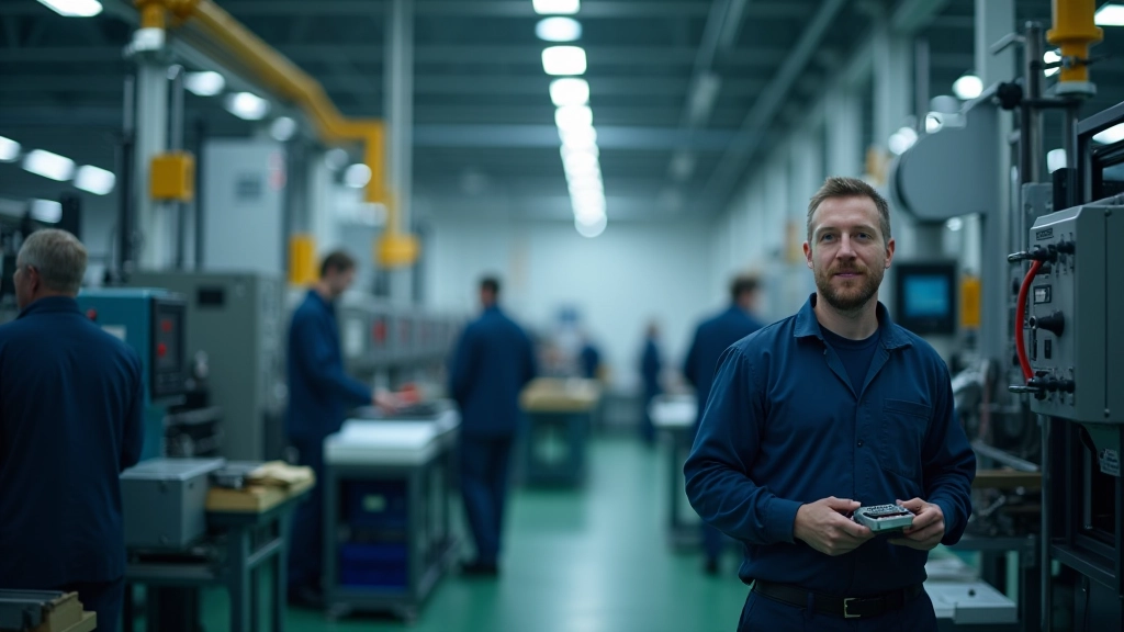 Průmyslová hala s moderními stroji a pracovníky, výrobní proces, česká průmyslová tradice