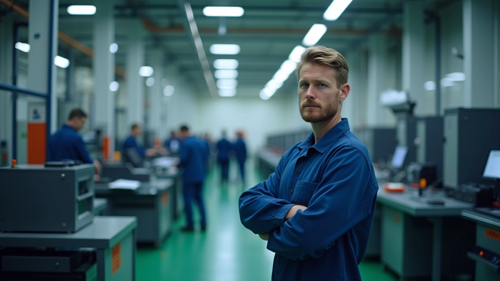 Průmyslový areál s moderními stroji a pracovníky, přesun výroby v Česku