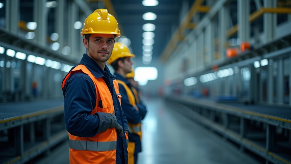 Průmyslová hala se zaměstnanci v bezpečnostním vybavení, výroba v České republice