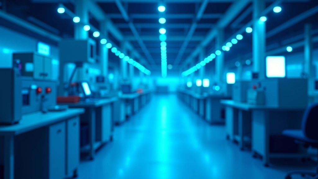 Moderní průmyslová hala s modrým osvětlením a technologickou infrastrukturou