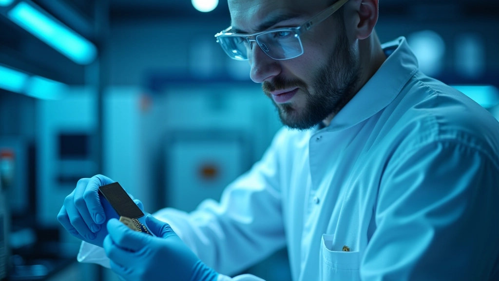 Inženýr v čistém oděvu kontroluje polovodičové čipy v laboratorním prostředí