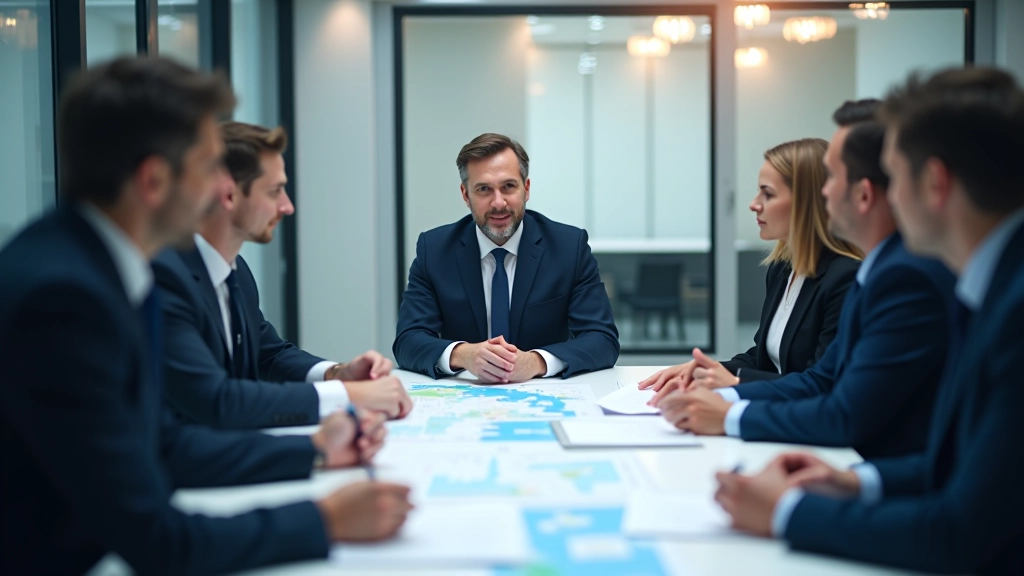 Schůze týmu supply chain specialistů u stolu s mapami a logistickými dokumenty