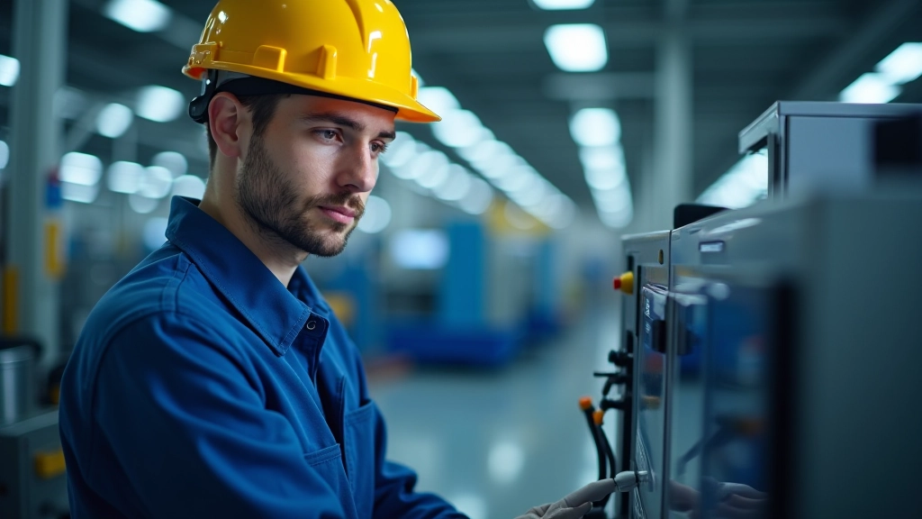 Mladý technik pracuje s moderním průmyslovým zařízením, vysokoškolsky vzdělané pracovníky